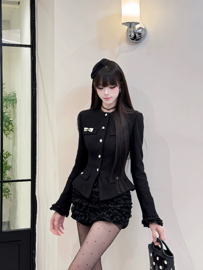Vogue Long Sleeve Bow Sheath Mini Skirt Black Jewel Neck 2-Piece Set Tiered Short Dress AP3990