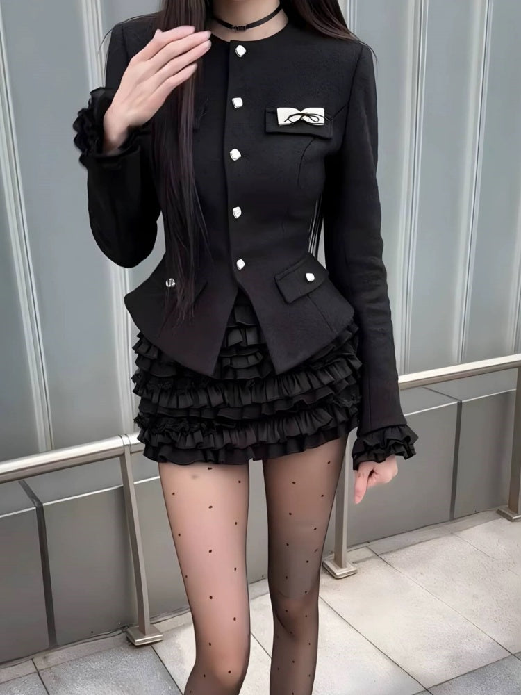 Vogue Long Sleeve Bow Sheath Mini Skirt Black Jewel Neck 2-Piece Set Tiered Short Dress AP3990