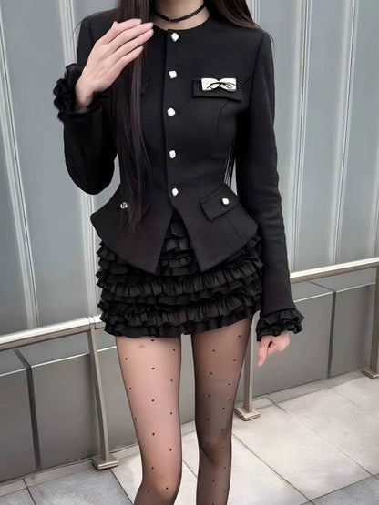 Vogue Long Sleeve Bow Sheath Mini Skirt Black Jewel Neck 2-Piece Set Tiered Short Dress AP3990