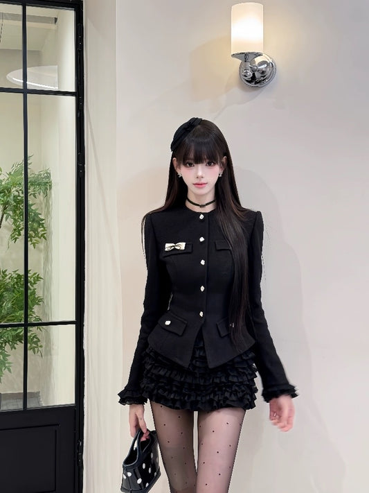 Vogue Long Sleeve Bow Sheath Mini Skirt Black Jewel Neck 2-Piece Set Tiered Short Dress AP3990