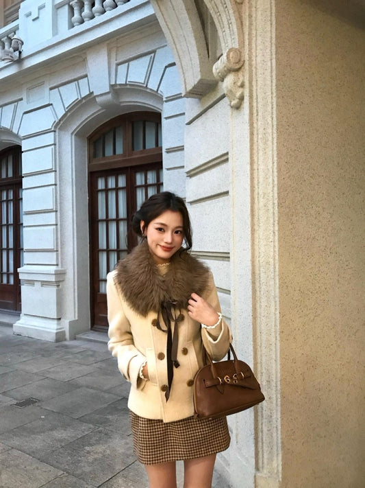 Modern Long Sleeve Sheath Plaid Mini Skirt Vintage V Neck 2-Piece Set Short Dress AP3991