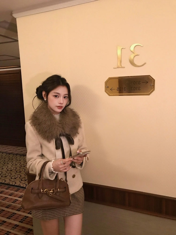 Modern Long Sleeve Sheath Plaid Mini Skirt Vintage V Neck 2-Piece Set Short Dress AP3991