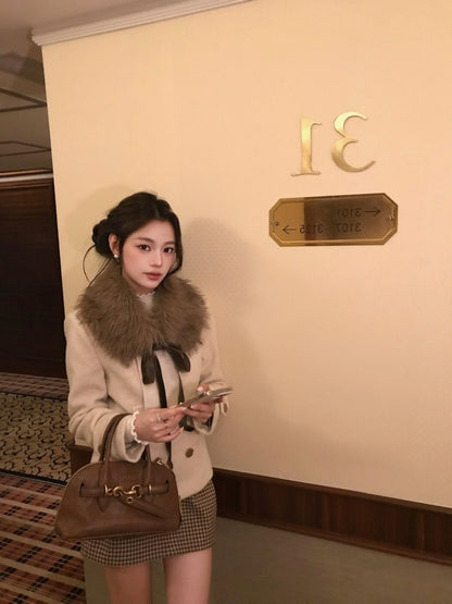 Modern Long Sleeve Sheath Plaid Mini Skirt Vintage V Neck 2-Piece Set Short Dress AP3991