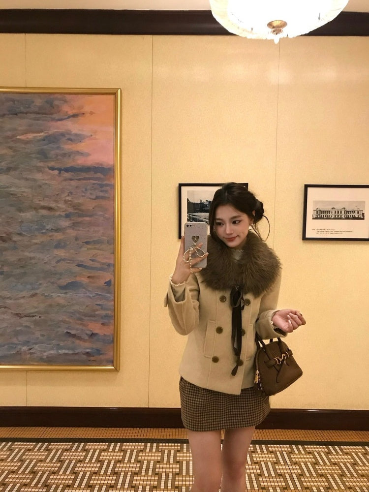 Modern Long Sleeve Sheath Plaid Mini Skirt Vintage V Neck 2-Piece Set Short Dress AP3991