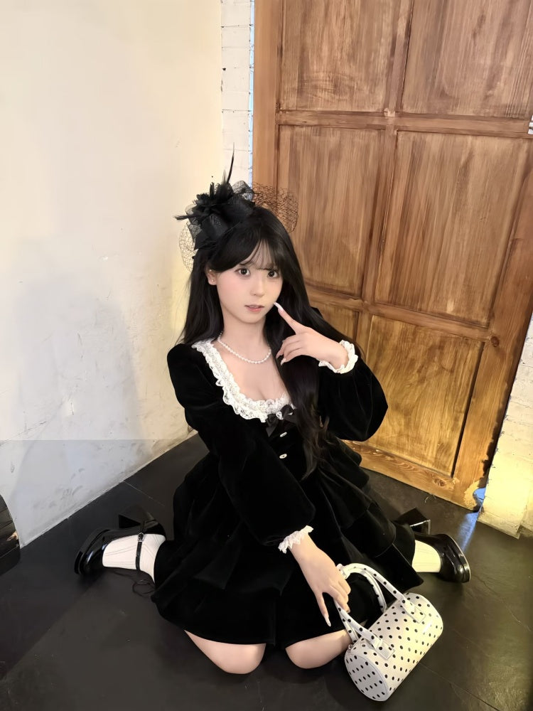 Princess Square Neck Lace Trim Long Sleeve Mini Skirt Black Velvet A-Line Short Dress AP3992