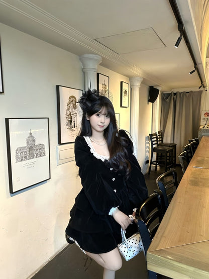 Princess Square Neck Lace Trim Long Sleeve Mini Skirt Black Velvet A-Line Short Dress AP3992