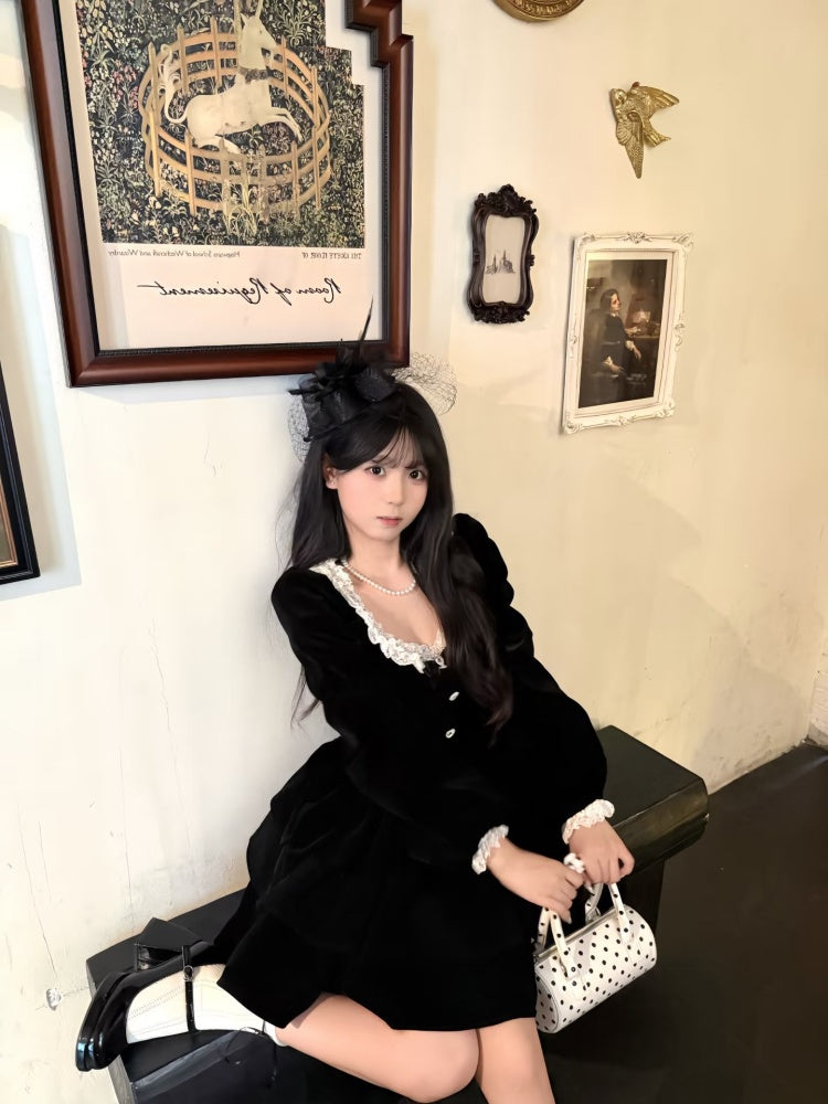 Princess Square Neck Lace Trim Long Sleeve Mini Skirt Black Velvet A-Line Short Dress AP3992