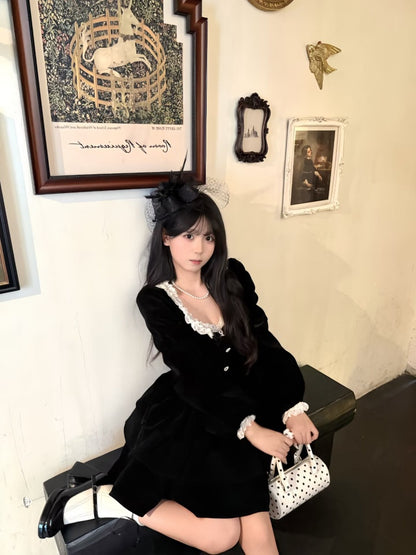 Princess Square Neck Lace Trim Long Sleeve Mini Skirt Black Velvet A-Line Short Dress AP3992