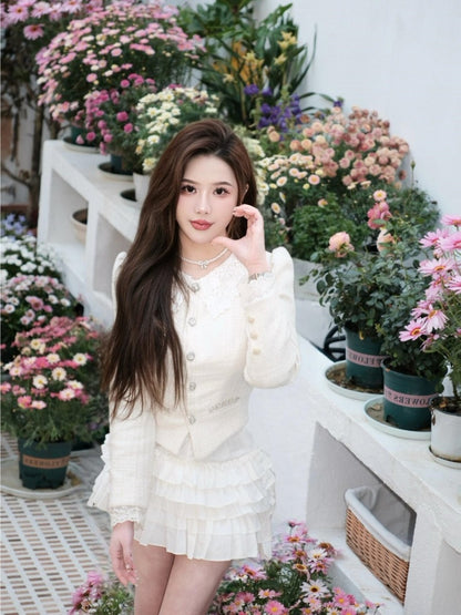 Pretty Jewel Neck Long Sleeve Lace Trim Mini Skirt Graceful 2-Piece Set A-Line Short Dress AP3993