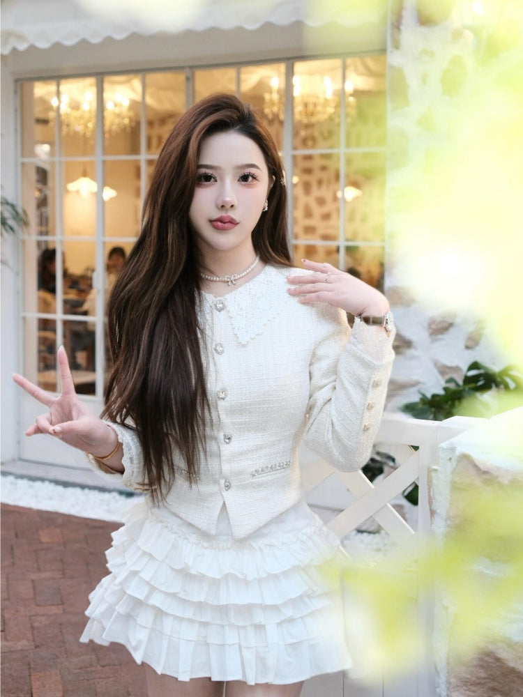 Pretty Jewel Neck Long Sleeve Lace Trim Mini Skirt Graceful 2-Piece Set A-Line Short Dress AP3993