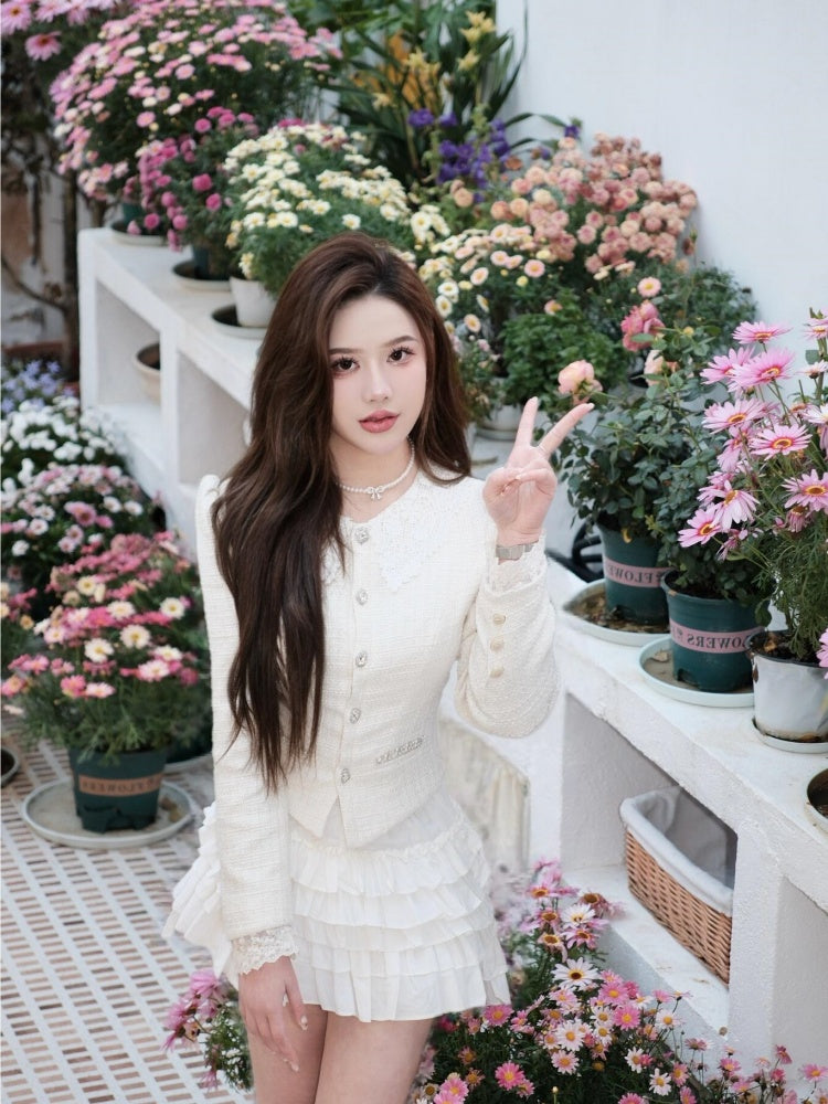 Pretty Jewel Neck Long Sleeve Lace Trim Mini Skirt Graceful 2-Piece Set A-Line Short Dress AP3993