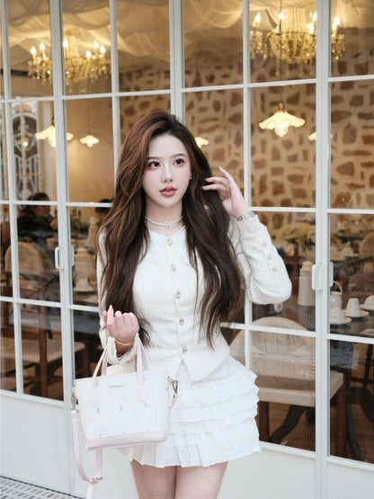 Pretty Jewel Neck Long Sleeve Lace Trim Mini Skirt Graceful 2-Piece Set A-Line Short Dress AP3993