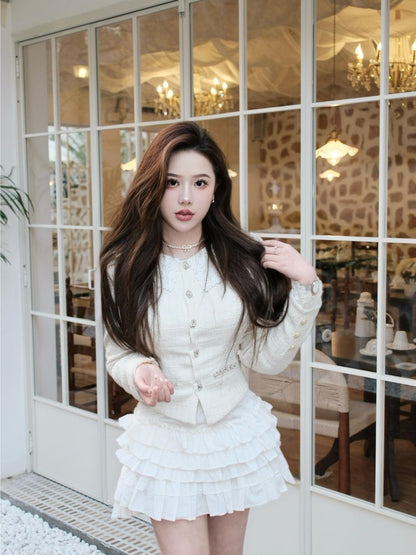 Pretty Jewel Neck Long Sleeve Lace Trim Mini Skirt Graceful 2-Piece Set A-Line Short Dress AP3993