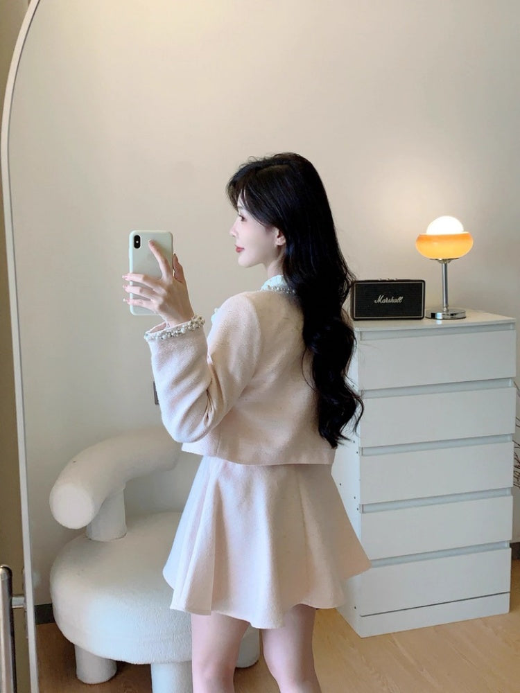 Maximalism Jewel Neck Long Sleeve Beaded Mini Skirt French-Inspired 2-Piece Set A-Line Short Dress AP3994