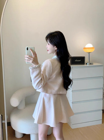 Maximalism Jewel Neck Long Sleeve Beaded Mini Skirt French-Inspired 2-Piece Set A-Line Short Dress AP3994