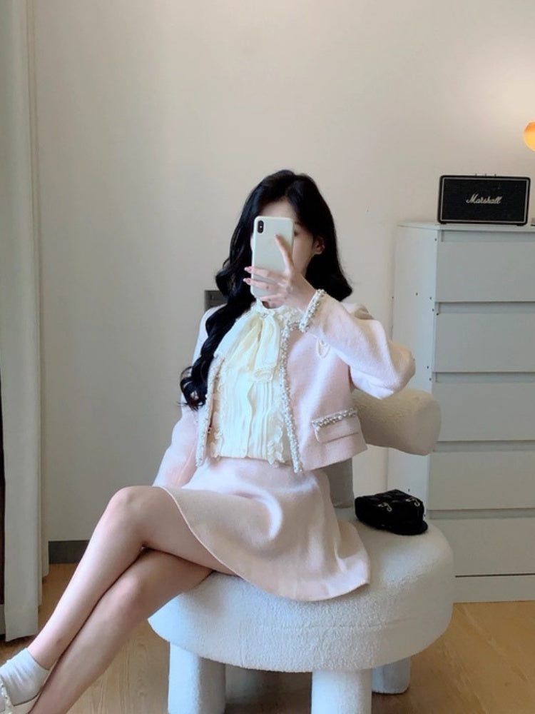 Maximalism Jewel Neck Long Sleeve Beaded Mini Skirt French-Inspired 2-Piece Set A-Line Short Dress AP3994