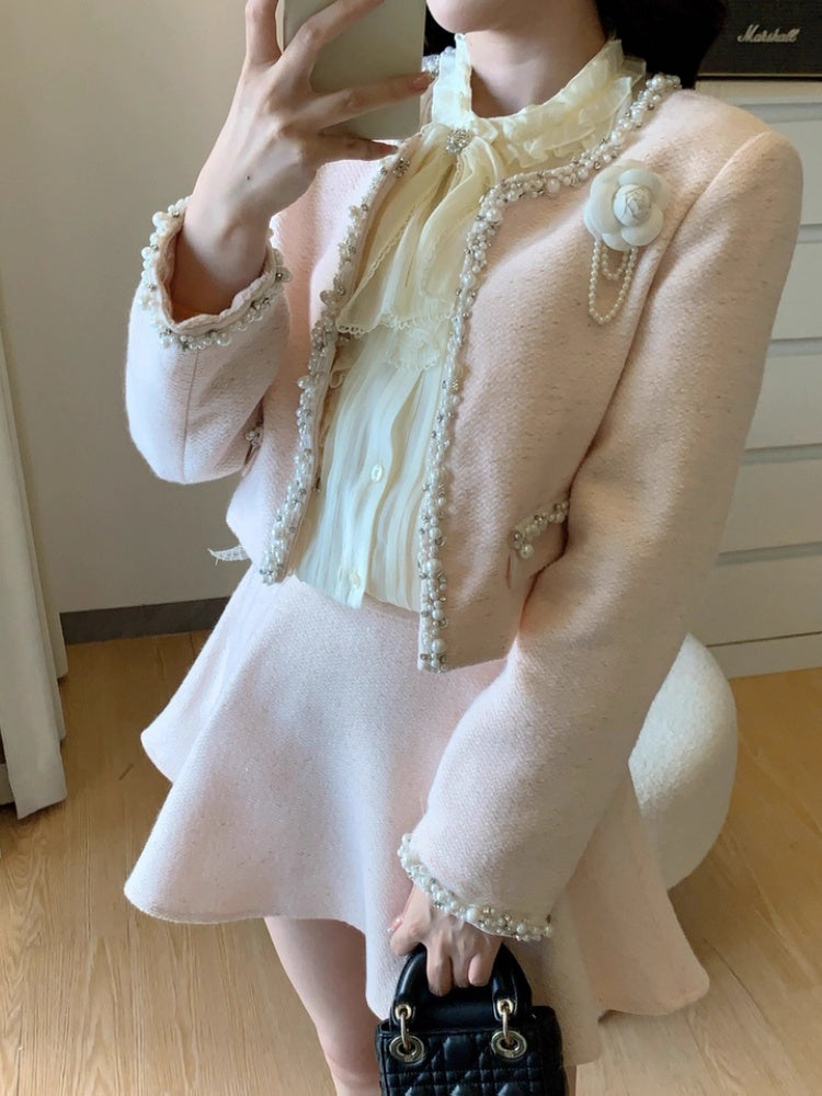 Maximalism Jewel Neck Long Sleeve Beaded Mini Skirt French-Inspired 2-Piece Set A-Line Short Dress AP3994