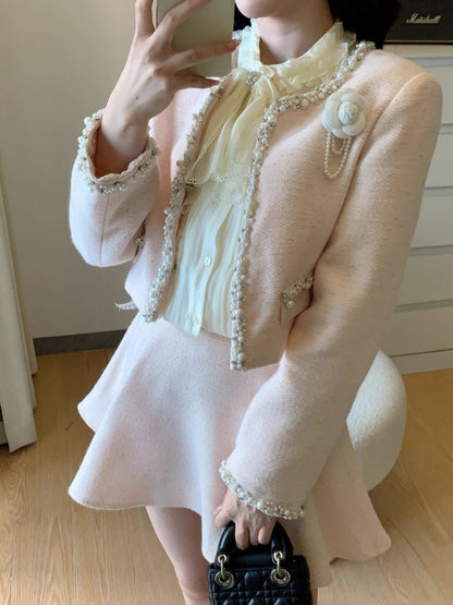 Maximalism Jewel Neck Long Sleeve Beaded Mini Skirt French-Inspired 2-Piece Set A-Line Short Dress AP3994