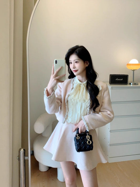 Maximalism Jewel Neck Long Sleeve Beaded Mini Skirt French-Inspired 2-Piece Set A-Line Short Dress AP3994