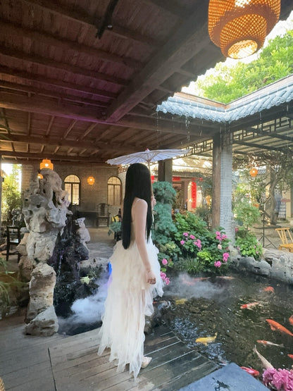 Flowy A-Line Beaded Ruffles Tulle Maxi Dress Elegant Spaghetti Straps White Long Dress AP3995