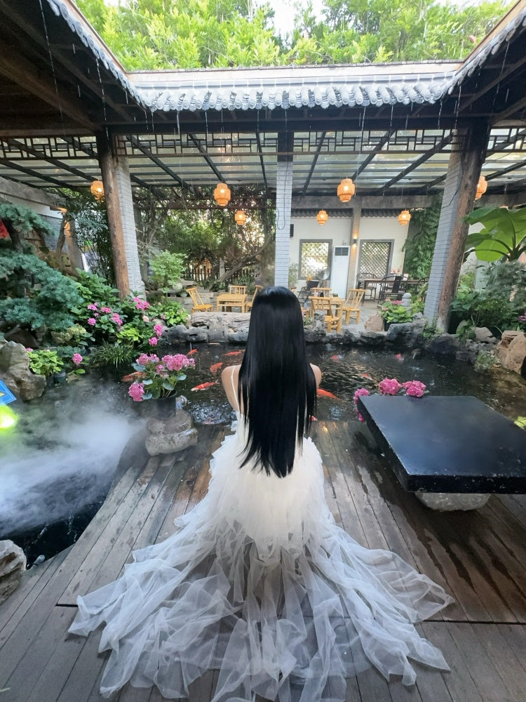 Flowy A-Line Beaded Ruffles Tulle Maxi Dress Elegant Spaghetti Straps White Long Dress AP3995