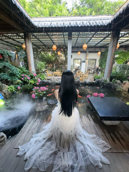 Flowy A-Line Beaded Ruffles Tulle Maxi Dress Elegant Spaghetti Straps White Long Dress AP3995