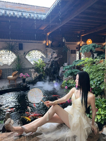 Flowy A-Line Beaded Ruffles Tulle Maxi Dress Elegant Spaghetti Straps White Long Dress AP3995