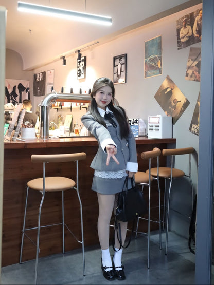 Fancy Lapel Neck Long Sleeve Sheath Mini Skirt Stylish Lace Trim 2-Piece Set Short Dress AP3996