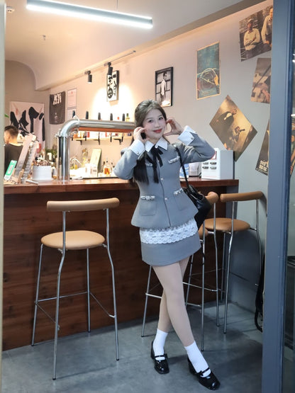 Fancy Lapel Neck Long Sleeve Sheath Mini Skirt Stylish Lace Trim 2-Piece Set Short Dress AP3996