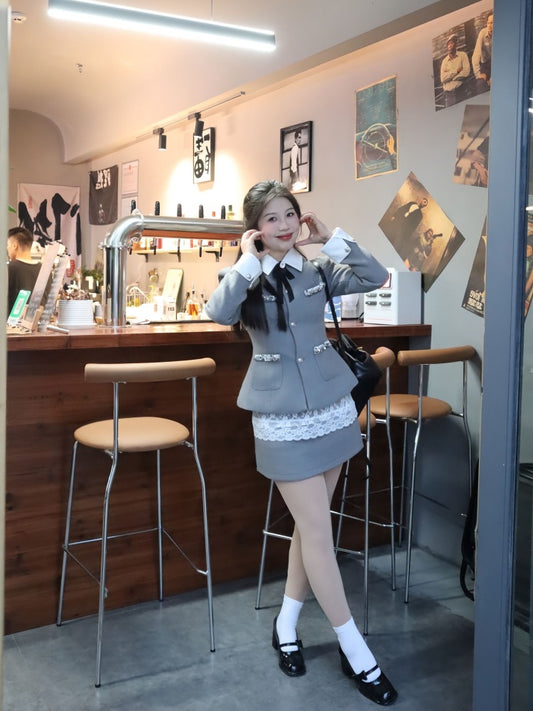 Fancy Lapel Neck Long Sleeve Sheath Mini Skirt Stylish Lace Trim 2-Piece Set Short Dress AP3996