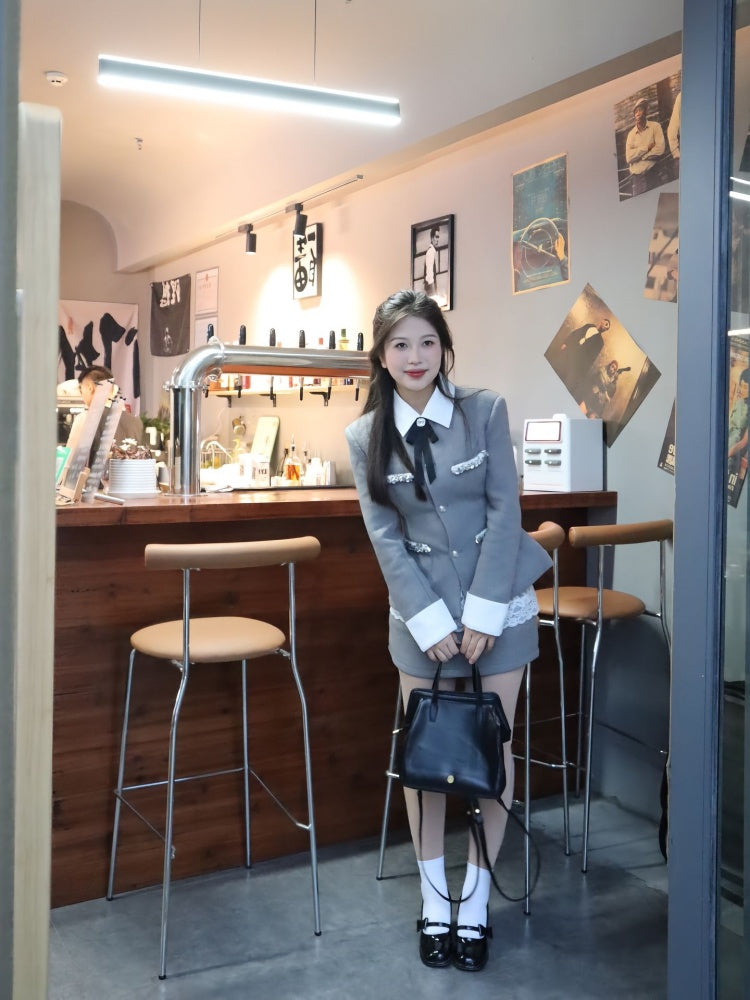 Fancy Lapel Neck Long Sleeve Sheath Mini Skirt Stylish Lace Trim 2-Piece Set Short Dress AP3996