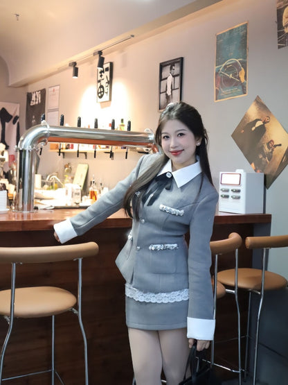 Fancy Lapel Neck Long Sleeve Sheath Mini Skirt Stylish Lace Trim 2-Piece Set Short Dress AP3996