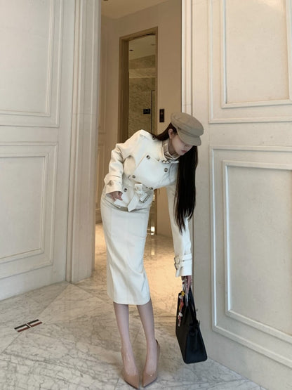 Delicate High Collar 2-Piece Set Slit Midi Dresses Unique Long Sleeve Sheath Long Dress AP3997