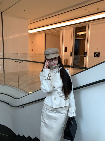 Delicate High Collar 2-Piece Set Slit Midi Dresses Unique Long Sleeve Sheath Long Dress AP3997