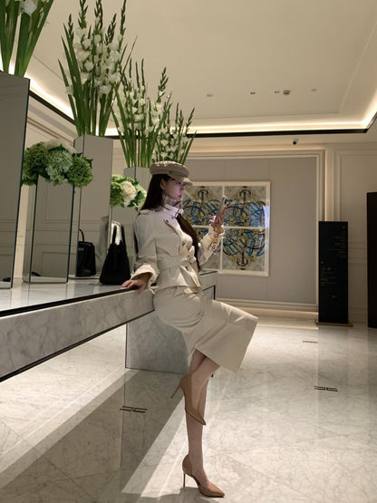 Delicate High Collar 2-Piece Set Slit Midi Dresses Unique Long Sleeve Sheath Long Dress AP3997