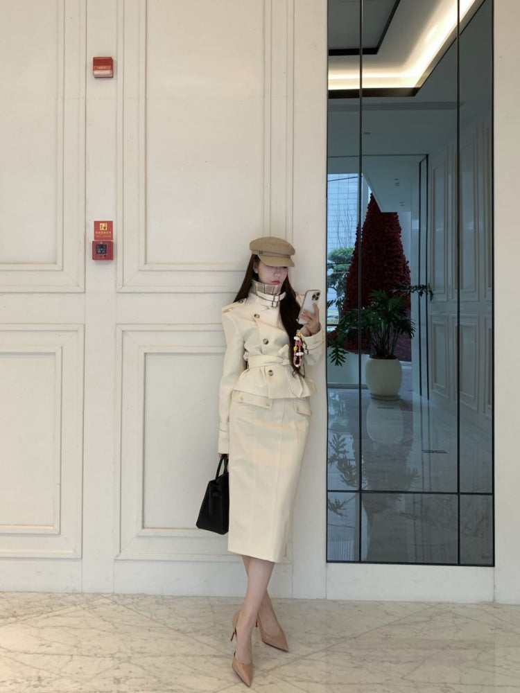 Delicate High Collar 2-Piece Set Slit Midi Dresses Unique Long Sleeve Sheath Long Dress AP3997