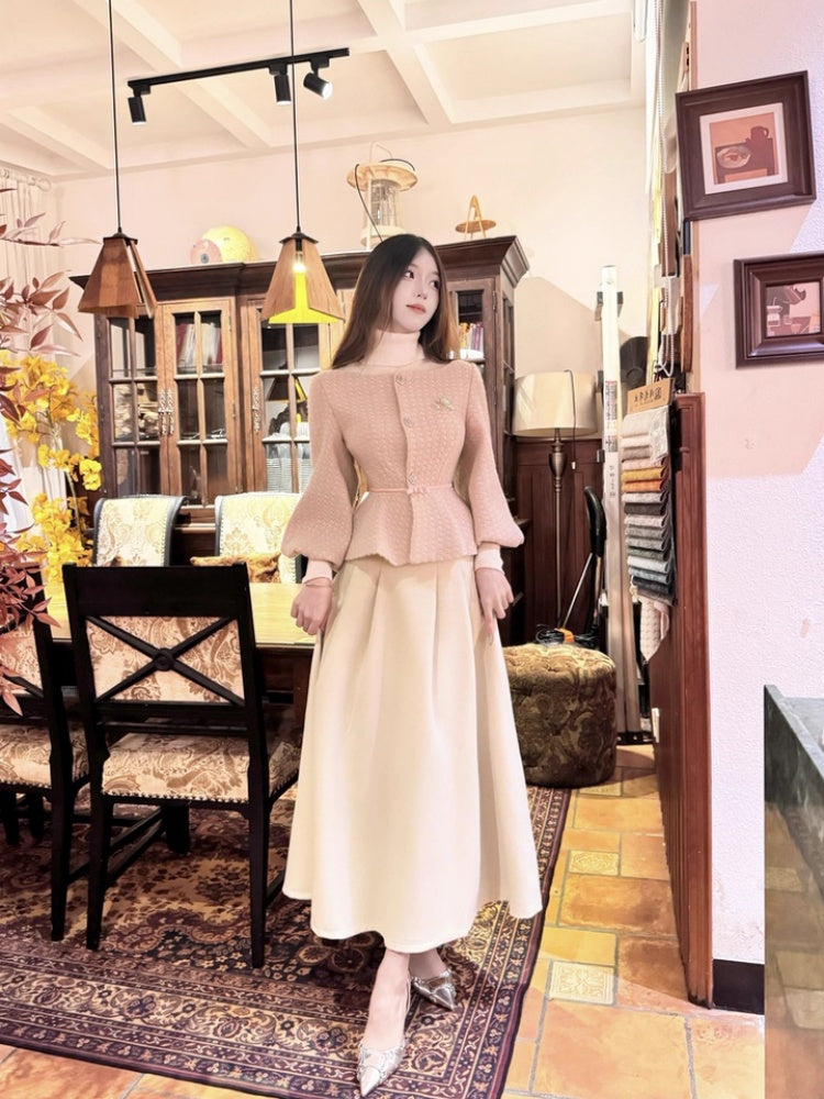 Fitted 2-Piece Set A-Line Travel Outfit Maxi Dresses Charming Puffy Long Sleeve Long Dress AP3985