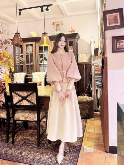 Fitted 2-Piece Set A-Line Travel Outfit Maxi Dresses Charming Puffy Long Sleeve Long Dress AP3985