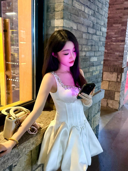 Hot Girls A-Line Beaded Cinched-Waist Mini Skirt Glittering White Satin Spaghetti Strap Short Dress AP3998