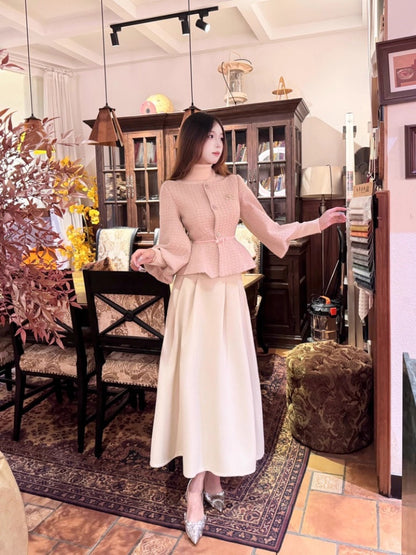 Fitted 2-Piece Set A-Line Travel Outfit Maxi Dresses Charming Puffy Long Sleeve Long Dress AP3985