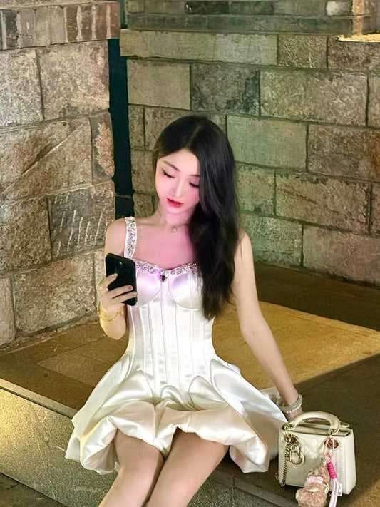 Hot Girls A-Line Beaded Cinched-Waist Mini Skirt Glittering White Satin Spaghetti Strap Short Dress AP3998