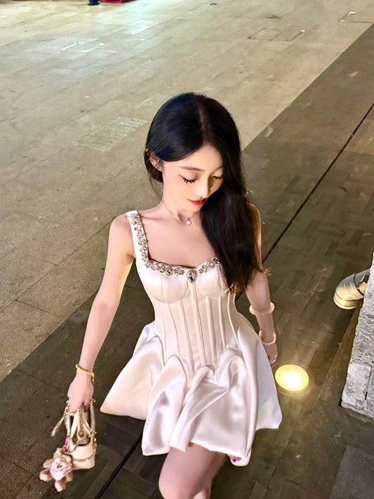 Hot Girls A-Line Beaded Cinched-Waist Mini Skirt Glittering White Satin Spaghetti Strap Short Dress AP3998