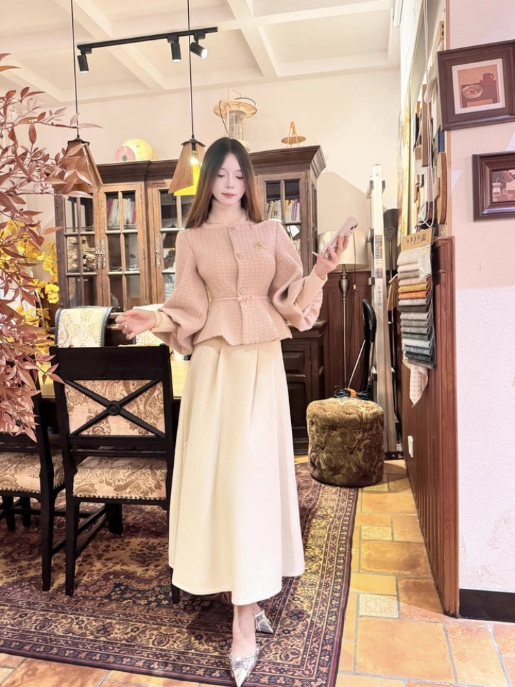 Fitted 2-Piece Set A-Line Travel Outfit Maxi Dresses Charming Puffy Long Sleeve Long Dress AP3985