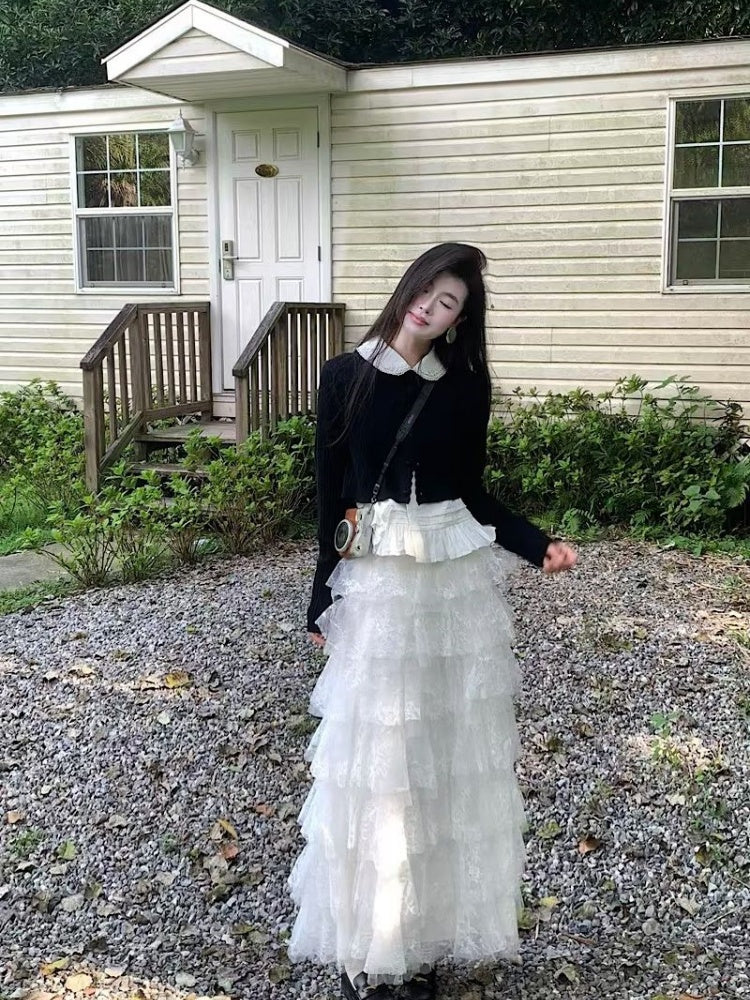 Gen Z Style 3-Piece Set White Tiered Tulle Maxi Dresses Flowy Lapel Neck Long Sleeve Black Cardigan Long Dress AP3999