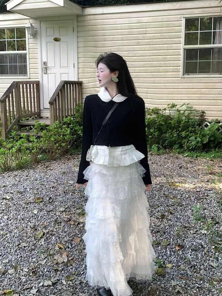 Gen Z Style 3-Piece Set White Tiered Tulle Maxi Dresses Flowy Lapel Neck Long Sleeve Black Cardigan Long Dress AP3999