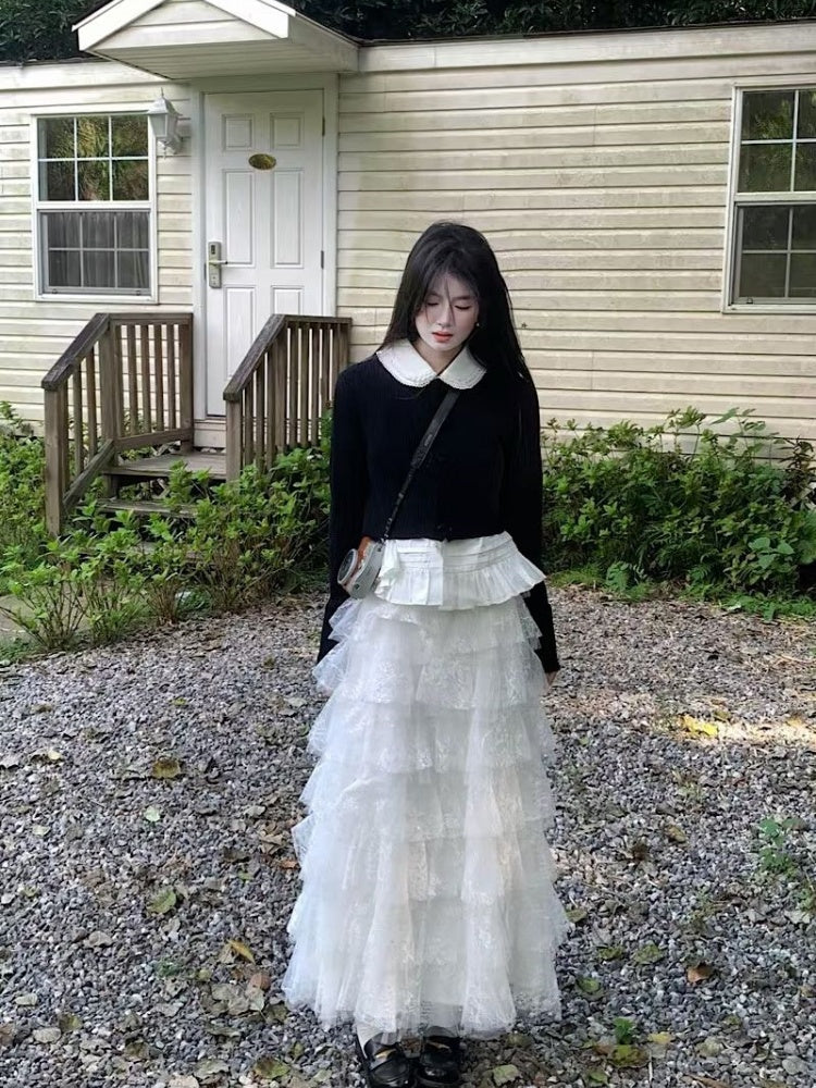 Gen Z Style 3-Piece Set White Tiered Tulle Maxi Dresses Flowy Lapel Neck Long Sleeve Black Cardigan Long Dress AP3999