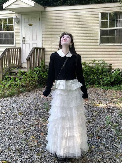 Gen Z Style 3-Piece Set White Tiered Tulle Maxi Dresses Flowy Lapel Neck Long Sleeve Black Cardigan Long Dress AP3999