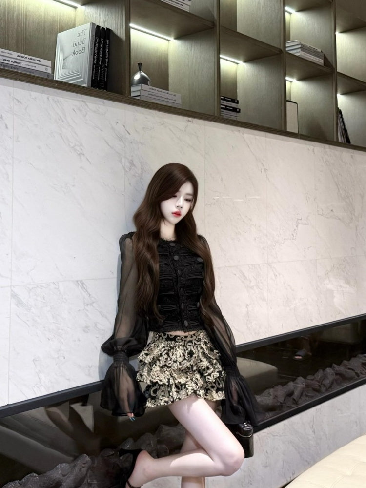 Hottie Jewel Neck Sheer Tulle Long Sleeve Mini Skirt Romantic 2-Piece Set A-Line Floral Short Dress AP4000