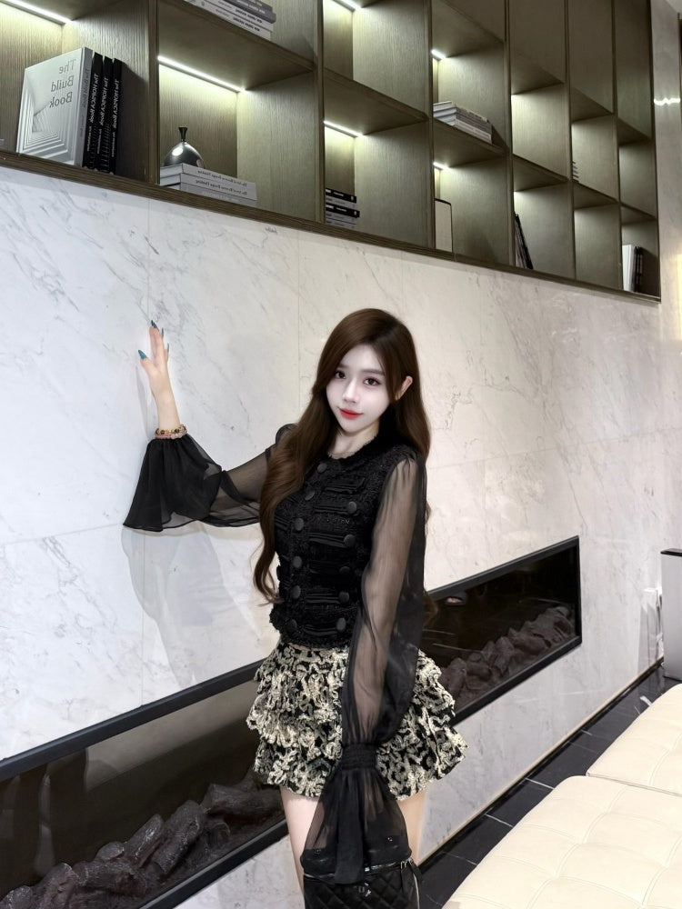 Hottie Jewel Neck Sheer Tulle Long Sleeve Mini Skirt Romantic 2-Piece Set A-Line Floral Short Dress AP4000