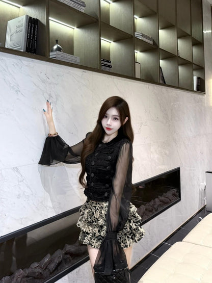 Hottie Jewel Neck Sheer Tulle Long Sleeve Mini Skirt Romantic 2-Piece Set A-Line Floral Short Dress AP4000